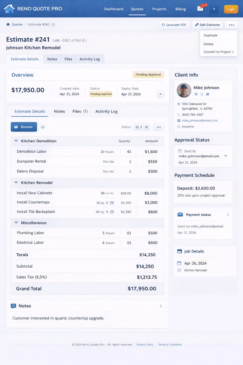 Home renovation contractor quoting & project estimation platform project preview